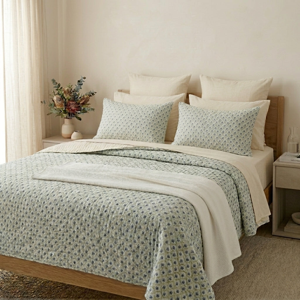 Styled bedroom featuring hand block print quilt with matching floral pattern pillow shams and elegant side-wall linen curtains in soft daylight