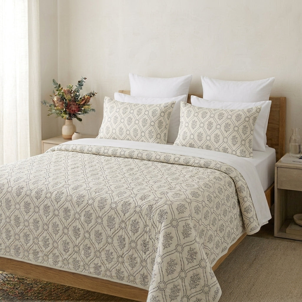 Black Ogee Lattice Jaipur Hand Block Print Cotton Quilt Cover Matching Set