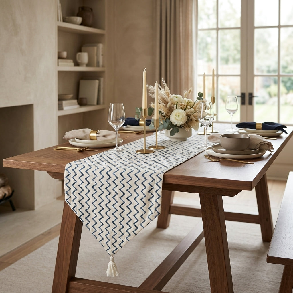 Navy blue chevron cotton table runner styled on a luxury dining table in a warm-toned dining room