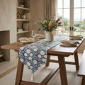 Midnight blue botanical cotton table runner with a single central tassel styled in an Australian coastal-modern dining room