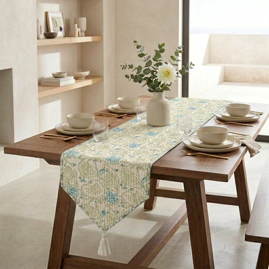 Sage Green Paisley Bird Quilted Cotton Table Runner in Lifestyle Dining Setting
