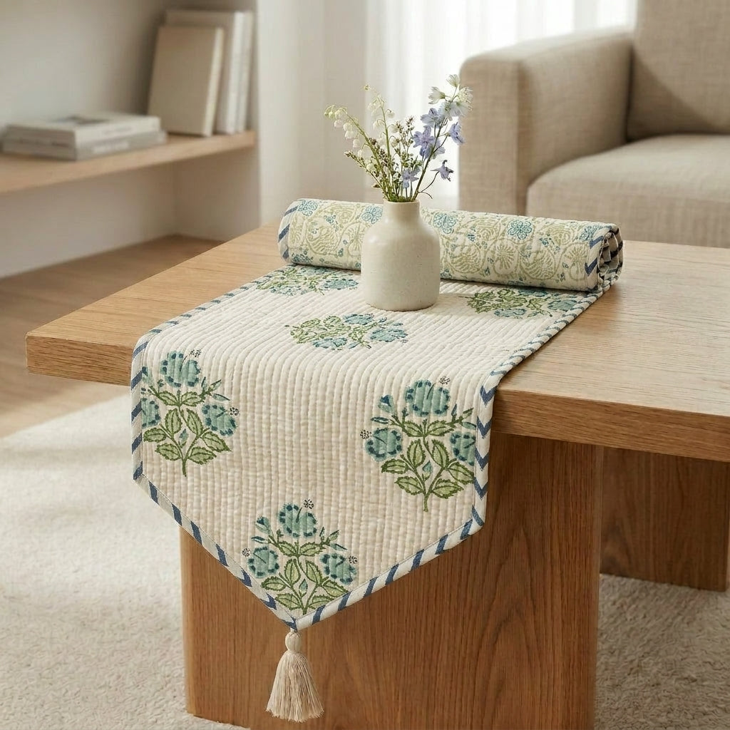 Reversible Sage Green Floral and Paisley Bird Quilted Cotton Table Runner in Lifestyle Living Room Setting